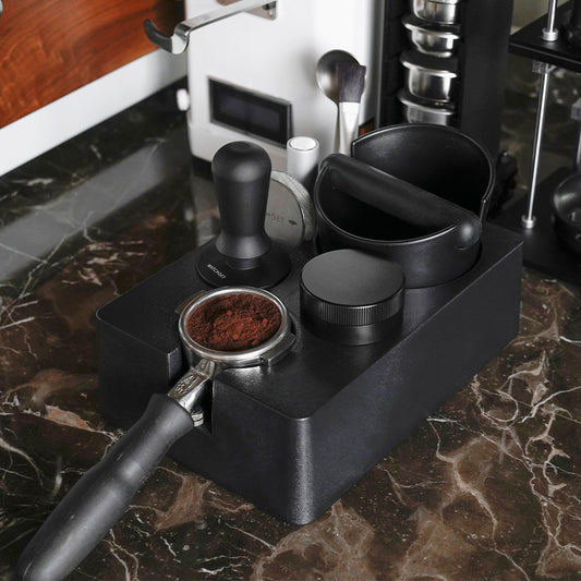 watchget All-in-One Espresso Station with Knock Box Tool Storage Compact 58mm Coffee Workspace Compatible with Tamper Distributor Portafilter Accessories Space-Saving Durable Plastic Base