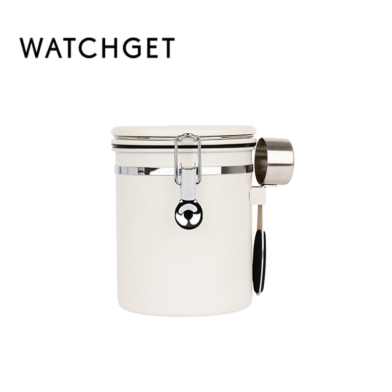 watchget Airtight Coffee Canister Coffee Bean Storage One Way Releasing Valve Container with Date Tracker and Scoop 1.2/1.5/1.8 Liter Stainless Steel Food Storage Container Canister, Creamy White