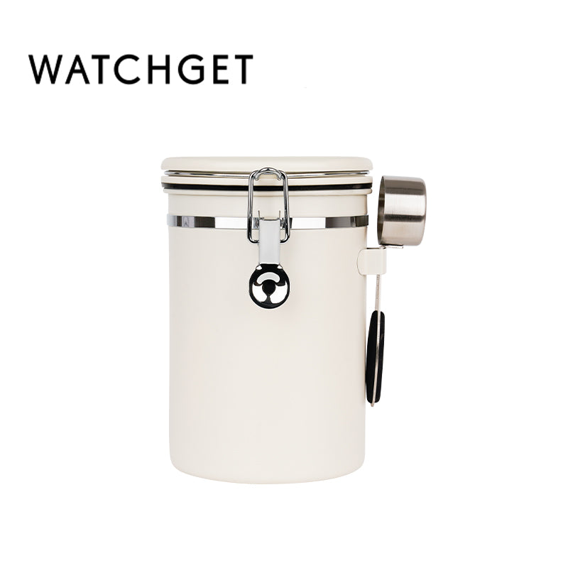 watchget Airtight Coffee Canister Coffee Bean Storage One Way Releasing Valve Container with Date Tracker and Scoop 1.2/1.5/1.8 Liter Stainless Steel Food Storage Container Canister, Creamy White