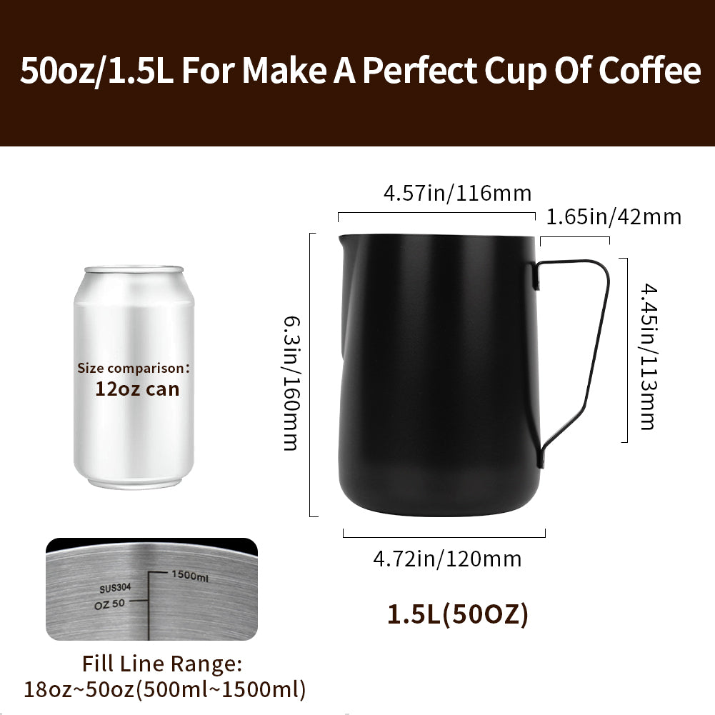 watchget Milk Frothing Pitcher 350ml/600ml/900ml/1500ml (12oz/20oz/32oz/52oz) - Stainless Steel Espresso Steaming Pitcher for Cappuccino, Latte Art, Milk Jug Coffee Frother Cup, Black