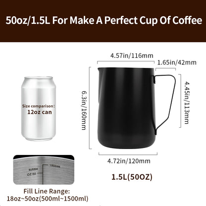 watchget Milk Frothing Pitcher 350ml/600ml/900ml/1500ml (12oz/20oz/32oz/52oz) - Stainless Steel Espresso Steaming Pitcher for Cappuccino, Latte Art, Milk Jug Coffee Frother Cup, Black