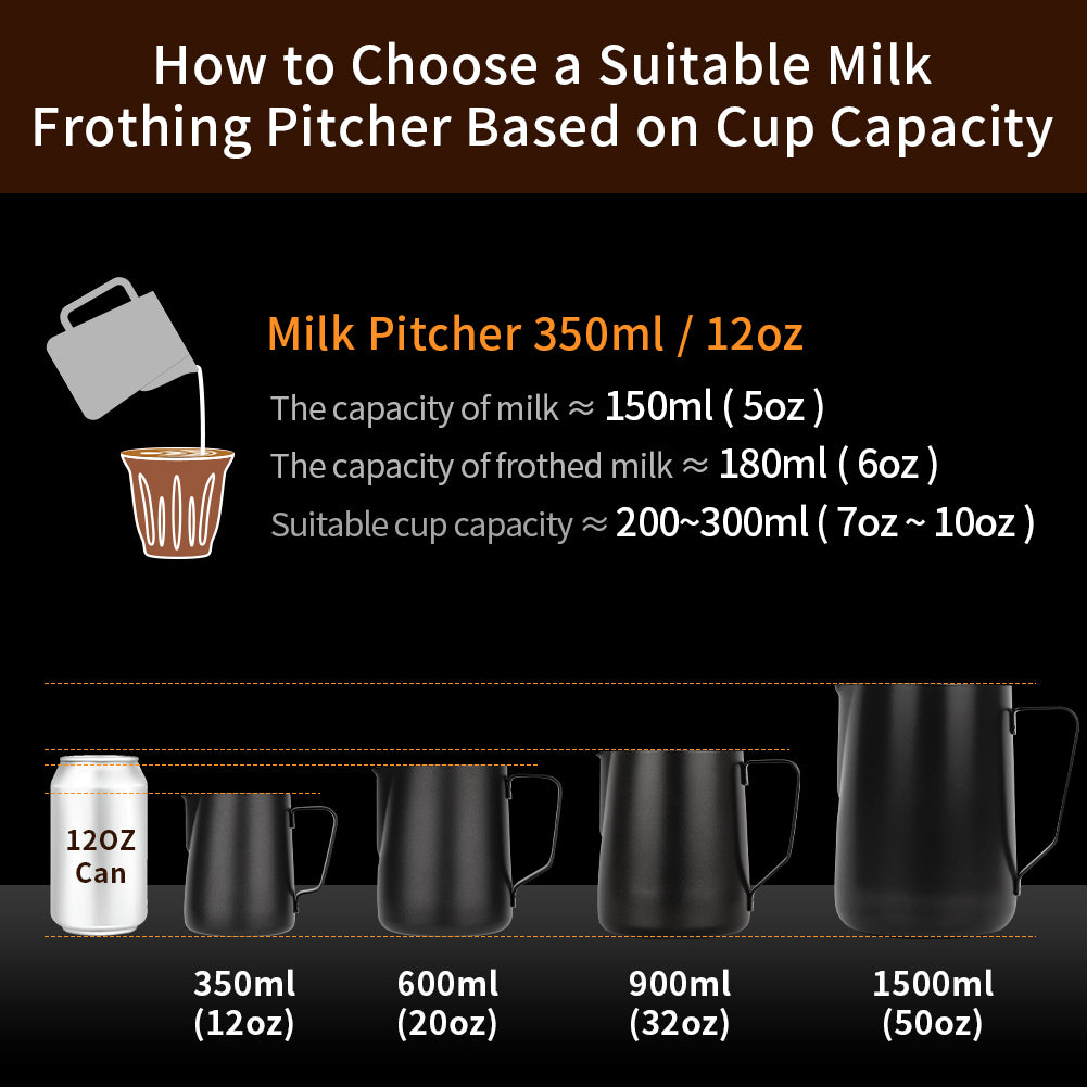 watchget Milk Frothing Pitcher 350ml/600ml/900ml/1500ml (12oz/20oz/32oz/52oz) - Stainless Steel Espresso Steaming Pitcher for Cappuccino, Latte Art, Milk Jug Coffee Frother Cup, Black