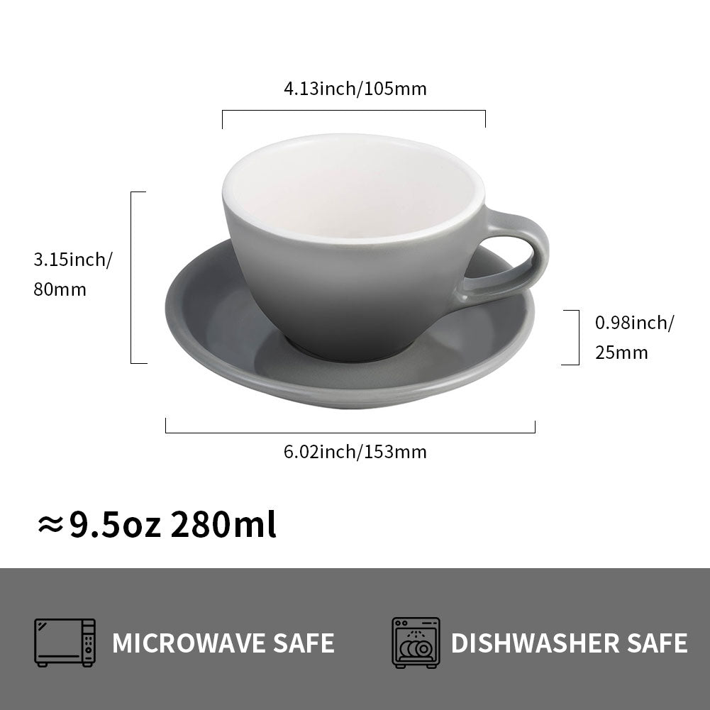 watchget Porcelain Latte Cup and Saucer - 9.5oz Ceramic Latte Art Mug for Cappuccino, Tea, Latte, Cafe Mocha