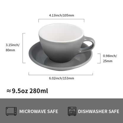 watchget Porcelain Latte Cup and Saucer - 9.5oz Ceramic Latte Art Mug for Cappuccino, Tea, Latte, Cafe Mocha