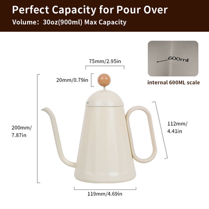 watchget Gooseneck Pot for Pour Over Coffee and Tea - 32oz/900ml Stainless Steel Teapot with Precise Spout and Heat-Resistant Handle, Scratch-Resistant, for Home and Cafe