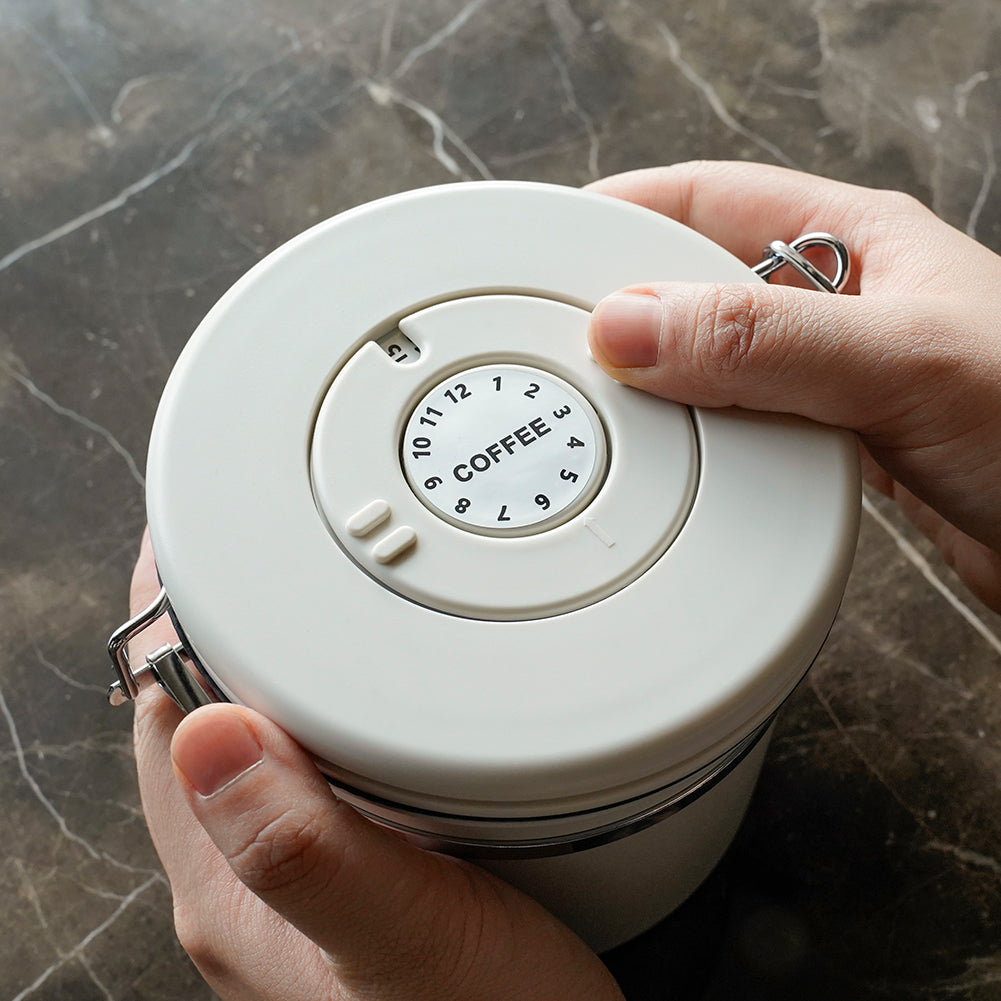 watchget Airtight Coffee Canister Coffee Bean Storage One Way Releasing Valve Container with Date Tracker and Scoop 1.2/1.5/1.8 Liter Stainless Steel Food Storage Container Canister, Creamy White