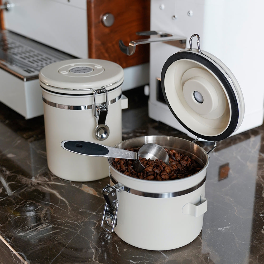 watchget Airtight Coffee Canister Coffee Bean Storage One Way Releasing Valve Container with Date Tracker and Scoop 1.2/1.5/1.8 Liter Stainless Steel Food Storage Container Canister, Creamy White