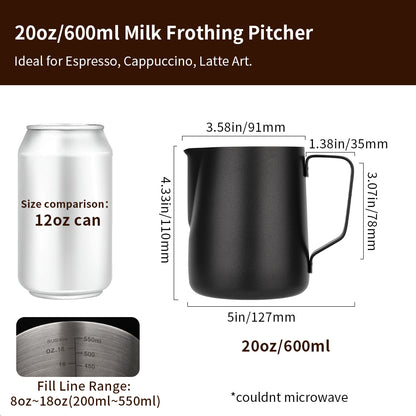 watchget Milk Frothing Pitcher 350ml/600ml/900ml/1500ml (12oz/20oz/32oz/52oz) - Stainless Steel Espresso Steaming Pitcher for Cappuccino, Latte Art, Milk Jug Coffee Frother Cup, Black