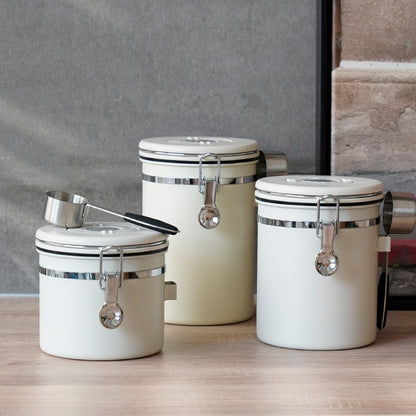watchget Airtight Coffee Canister Coffee Bean Storage One Way Releasing Valve Container with Date Tracker and Scoop 1.2/1.5/1.8 Liter Stainless Steel Food Storage Container Canister, Creamy White