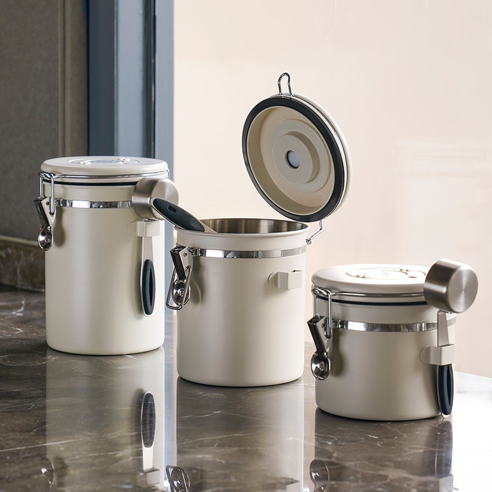 watchget Airtight Coffee Canister Coffee Bean Storage One Way Releasing Valve Container with Date Tracker and Scoop 1.2/1.5/1.8 Liter Stainless Steel Food Storage Container Canister, Creamy White