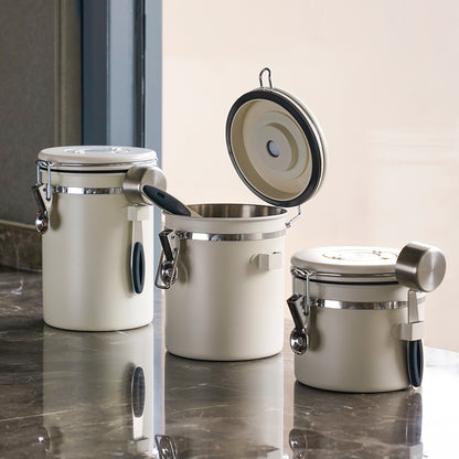 watchget Airtight Coffee Canister Coffee Bean Storage One Way Releasing Valve Container with Date Tracker and Scoop 1.2/1.5/1.8 Liter Stainless Steel Food Storage Container Canister, Creamy White