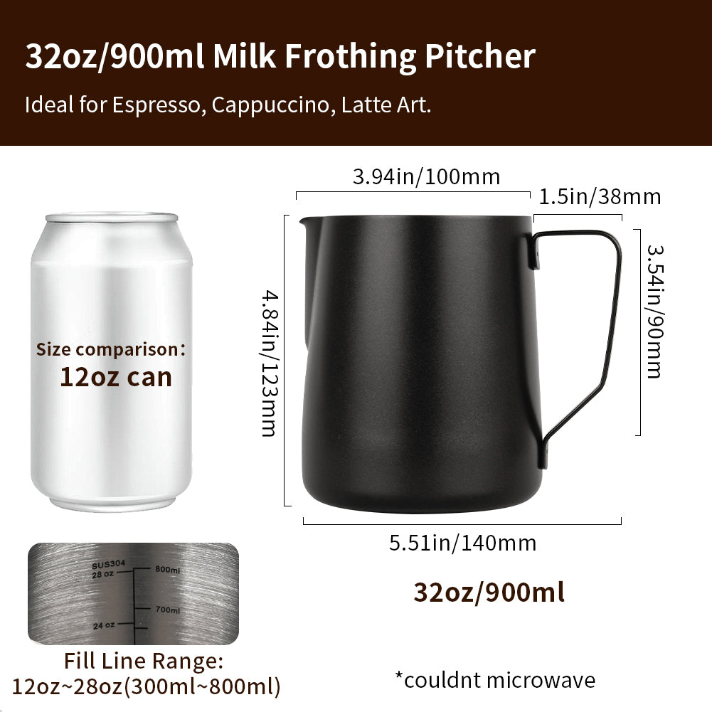 watchget Milk Frothing Pitcher 350ml/600ml/900ml/1500ml (12oz/20oz/32oz/52oz) - Stainless Steel Espresso Steaming Pitcher for Cappuccino, Latte Art, Milk Jug Coffee Frother Cup, Black