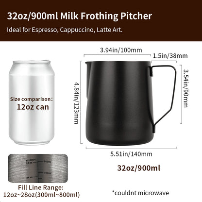 watchget Milk Frothing Pitcher 350ml/600ml/900ml/1500ml (12oz/20oz/32oz/52oz) - Stainless Steel Espresso Steaming Pitcher for Cappuccino, Latte Art, Milk Jug Coffee Frother Cup, Black