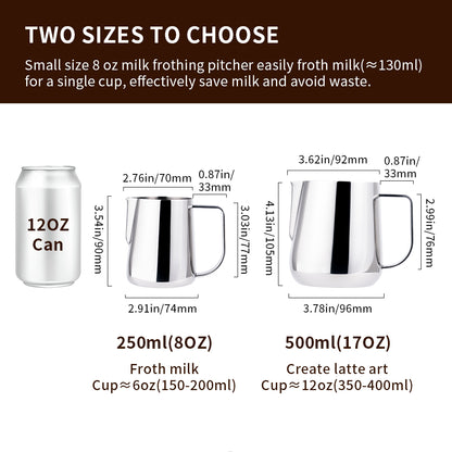watchget Milk Frothing Pitcher 250ml/8oz Stainless Steel Espresso Steaming Pitcher Milk Coffee Cappuccino Latte Art Barista Steam Jug Espresso Frother Cup, Silver